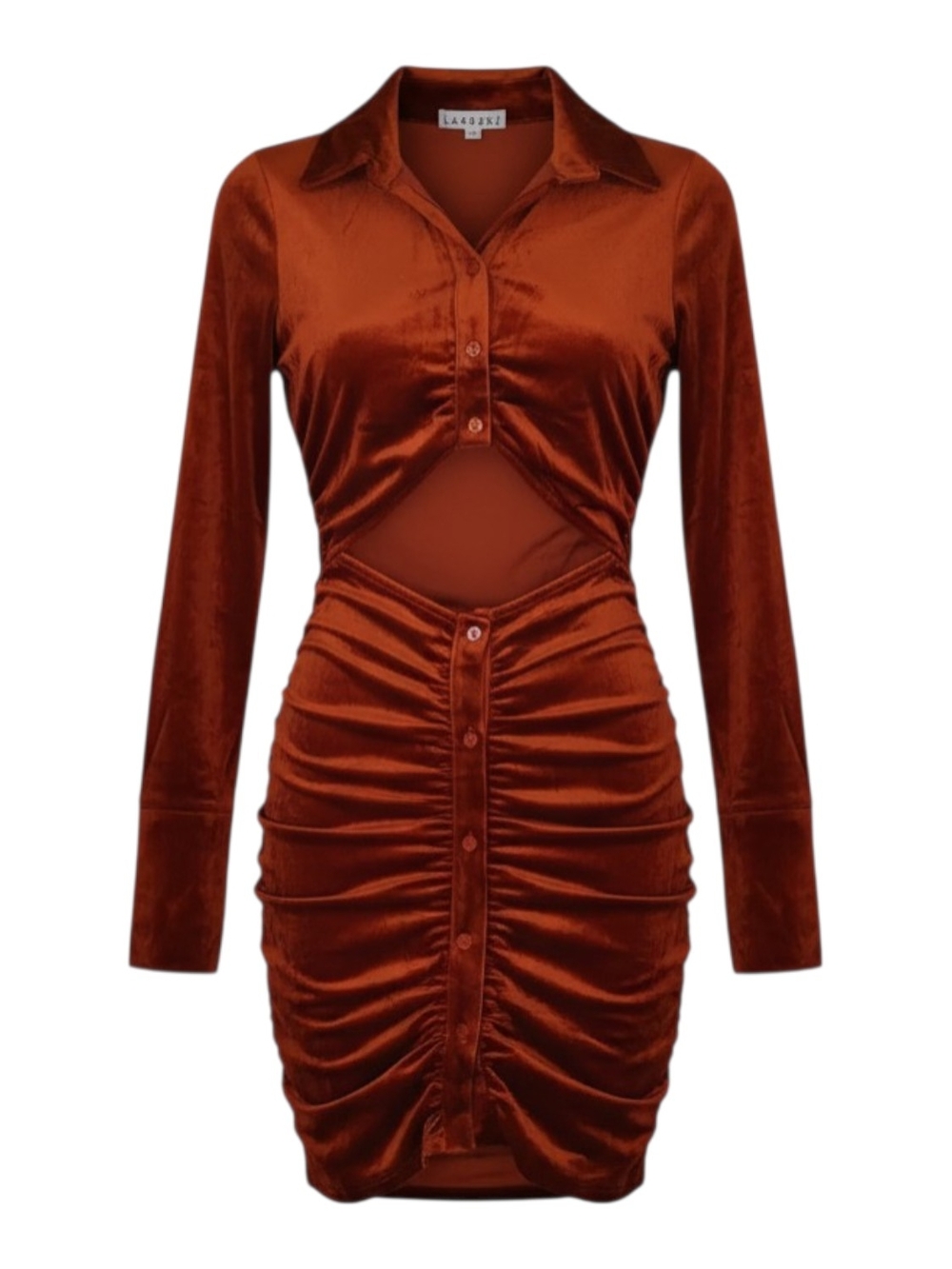 LACAUSA Rust Velvet Ruched Button-Front Mini Dress - Picture 3 of 5